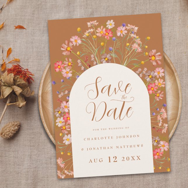 Reserve A Data Boho Wildflower Arch Casamento (Boho wildflower floral arch fall wedding save the date Invitation terracotta burnt orange beige)