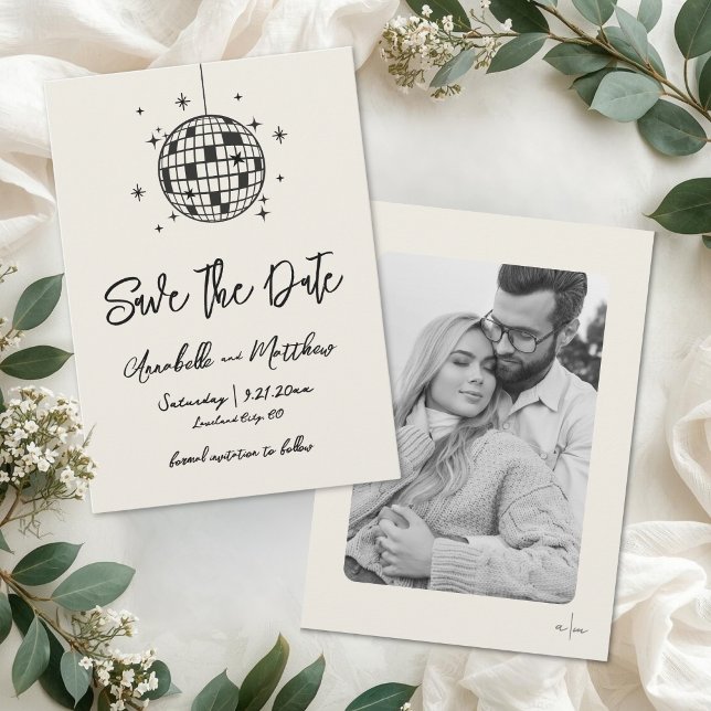 Reserve A Data Bola de Discoteca Desenhada à Mão Foto Casamento (Disco Ball Hand Drawn Photo Wedding Save The Date )