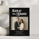 Reserve A Data Bold Retro Typography Black White Photo Wedding<br><div class="desc">This save the date card features bold retro typography in classic black and cream with space for an engagement photo. The statement lettering creates a stylish editorial look while the geometric art deco pattern on the back adds a vintage inspired detail. Perfect for modern couples planning a city wedding, art...</div>