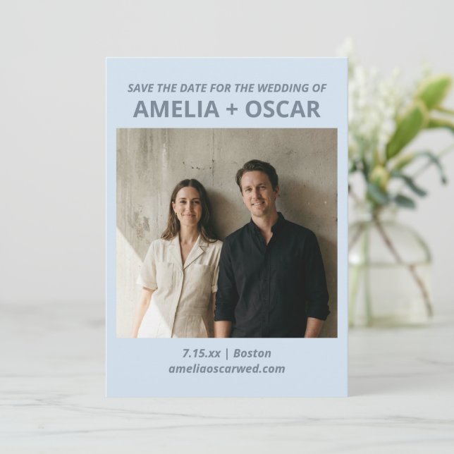 Reserve A Data Bold Soft Blue Photo Modern Typography Wedding (Em pé/Frente)