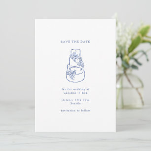 Reserve A Data Bolo de Casamento Minimalista com Floral Azul Bran