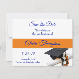 Reserve A Data Boné de formatura Azul e Laranja e Tassel