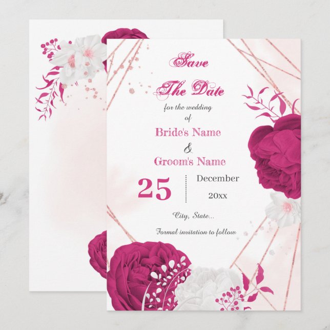Reserve A Data bonito fuchsia e geometria floral branca (Frente/Verso)