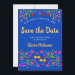 Reserve A Data Bonito mexicano Fiesta Floral Royal Blue<br><div class="desc">Salve o Cartão de Anúncio de Data que você pode personalizar para se adequar a qualquer ocasião. O design floral tem uma abundância de flores bonito da Fiesta mexicana na frente com uma tipografia doce com fundo azul real. O modelo está configurado para você personalizar o cartão com sua data...</div>