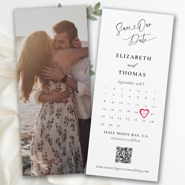 Reserve A Data Bookmark Calendar Heart Modern Calligraphy Wedding (bookmark wedding save the date card photo qr code calendar red heart modern elegant calligraphy)