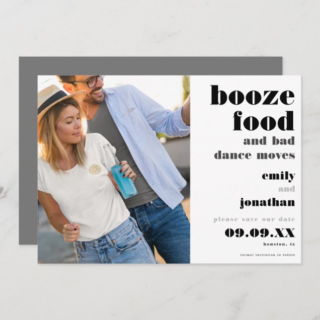 Reserve A Data Booze Comida Má Dança Move A Foto Salvar A Data (Frente/Verso)