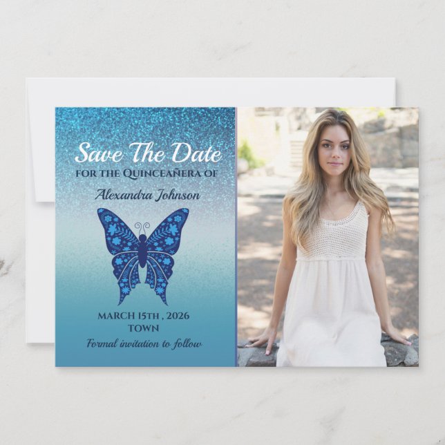 Reserve A Data Borboleta Azul Quinceañera (Frente)
