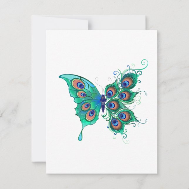 Reserve A Data Borboleta com Penas de Pavão Verde (Frente)