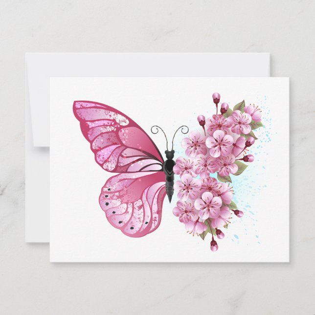 Reserve A Data Borboleta Flor com Sakura Rosa (Frente)