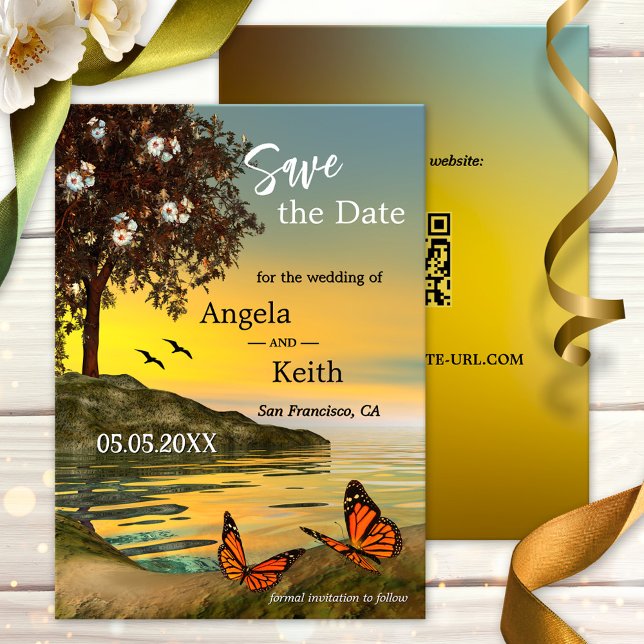 Reserve A Data Borboleta Floral Romântica Salve a Placa de Data (Save the Date card featuring a painting of two butterflies in a coastal or lake landscape at sunset)