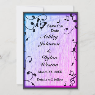Reserve A Data Borboleta Musical Folhas Azul e Roxo Madeira Casam