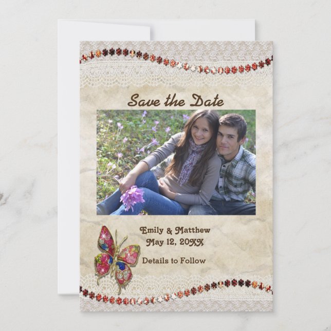 Reserve A Data Borboleta Sparkly, local e pergaminho salvam a dat (Frente)