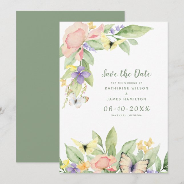 Reserve A Data Borboletas Florais em Aquarela Verde Salvia (Frente/Verso)