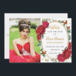 Reserve A Data Borboletas Florais Quinceañera Foto<br><div class="desc">Personalize esta foto de aniversário boho chic red floral Quinceañera / Sweet 16 salve a data fácil e rapidamente. Basta clicar no botão personalizar para editar os textos, alterar as fontes e as cores das fontes. Apresentando finitas flores vibrantes e vibrantes cor d'água, flores vermelhas, uma coroa princesa dourada e...</div>