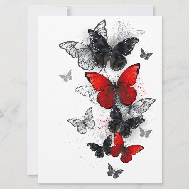 Reserve A Data Borboletas Morpho Pretas e Vermelhas Voando (Frente)