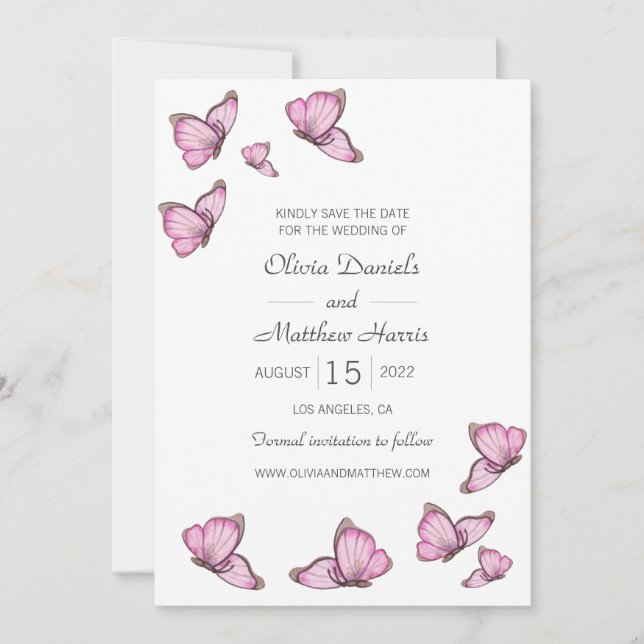 Reserve A Data Borboletas rosa aquarela. Casamento Salve A Data (Frente)