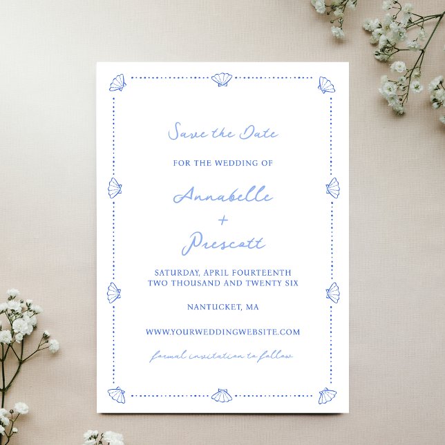 Reserve A Data Borda Chic Costeira Sem Casamento Azul Fotográfico (Customize this elegant save the date with your details—ideal for beachfront, and coastal weddings.)
