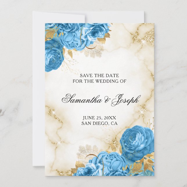 Reserve A Data Borda Floral Vintage Dourada e Azul Claro (Frente)