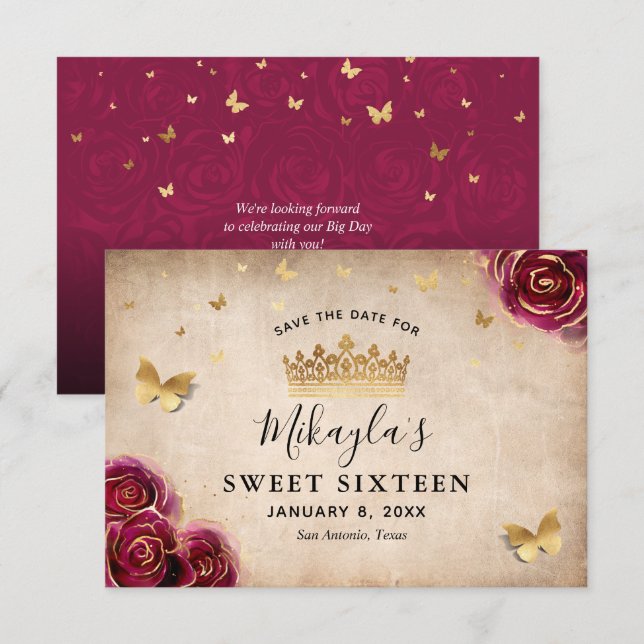 Reserve A Data Bordô Ameixa Dourado Rosa Pergaminho Elegante (Frente/Verso)