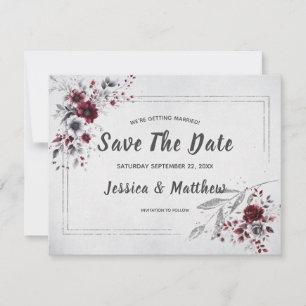 Reserve A Data Bordô Escuro Cinza Prata Floral Aquarela Personali