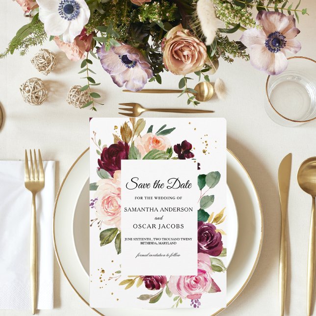 Reserve A Data Bordô Malhado Floral | Aquarela Rústica (Criador carregado)