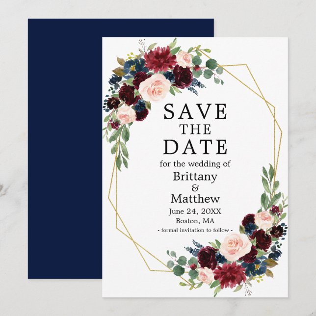 Reserve A Data Borgonha Aquarela Floral Dourada Geo Frame Azul (Frente/Verso)