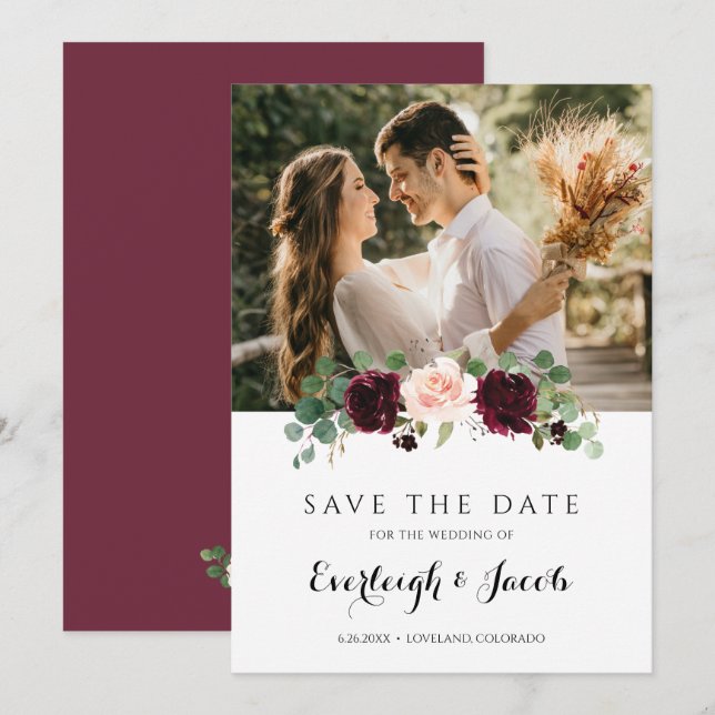 Reserve A Data Borgonha Bege Rosa Floral Eucalipto Casamento (Frente/Verso)