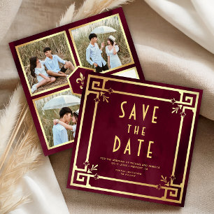 Reserve A Data Borgonha Dourado Art Deco Colagem de Fotos Casamen