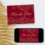Reserve A Data Borgonha Elegante e Dourada Floral de Arte Fina<br><div class="desc">Cartões salve a data elegantes que você pode personalizar para se adequar a qualquer evento. O delicado design floral apresenta belas artes, desenhos de esboços de flores e folhas em ouro sobre fundo de burlões. Um dos lados do cartão lê "Salvar a Data" em bela tipografia de script. O outro...</div>