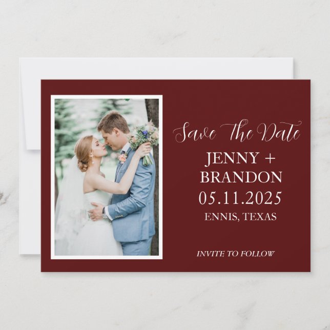 Reserve A Data Borgonha Elegante Rascunho Foto Romântico (Frente)