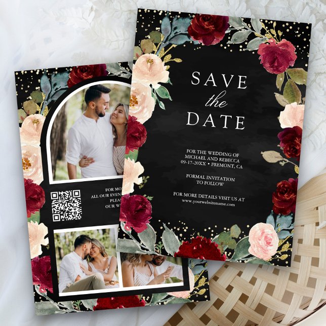 Reserve A Data Borgonha Floral Pêssego Foto Código QR Preto Casam (Criador carregado)