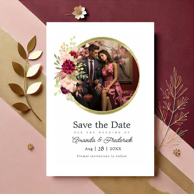 Reserve A Data Borgonha-Marsala, Blush e Dourada Geométrica Flora (Burgundy-Marsala, Blush and Gold Floral Geometric Save The Date)