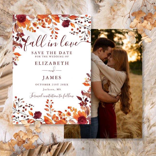 Reserve A Data Borgonha Rústico Outono Foto Casamento Outonal (Burgundy Rustic Fall Autumn Photo Wedding Save The Date)