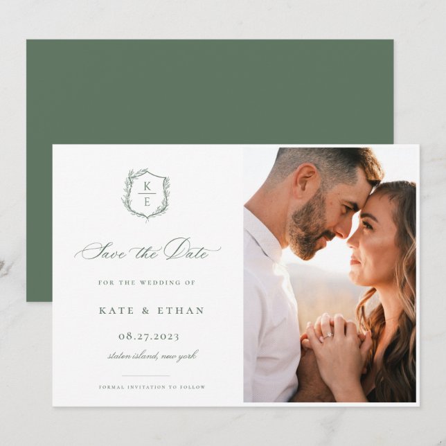 Reserve A Data Botânica Crest Sage Monograma Foto de Casamento (Frente/Verso)