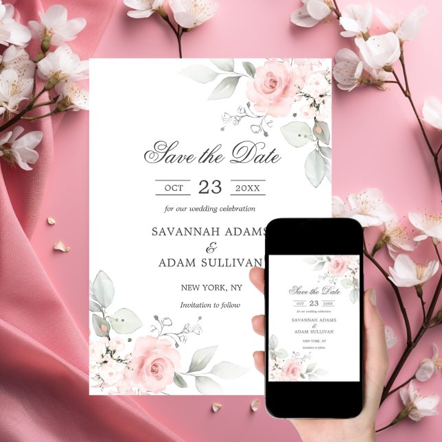 Reserve A Data Botânica-rosa-Rosa de-Blush Floral Elegante (Elegant Floral Blush Rose Pink Botanical Save The Date)