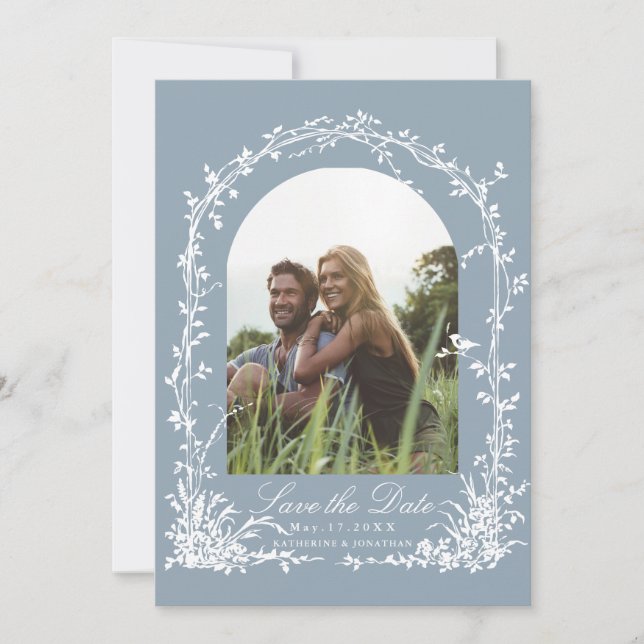 Reserve A Data Botanical Arch Garden Dusty Blue Wedding Photo (Frente)