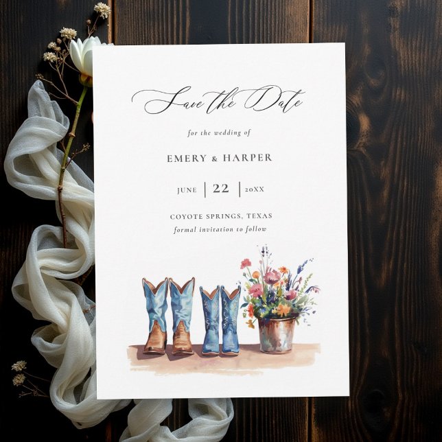 Reserve A Data Botas de Gergelim Rústico Casamento no Campo (rustic wedding save the date cowboy boots wildflowers floral barn country outdoor backyard modern)