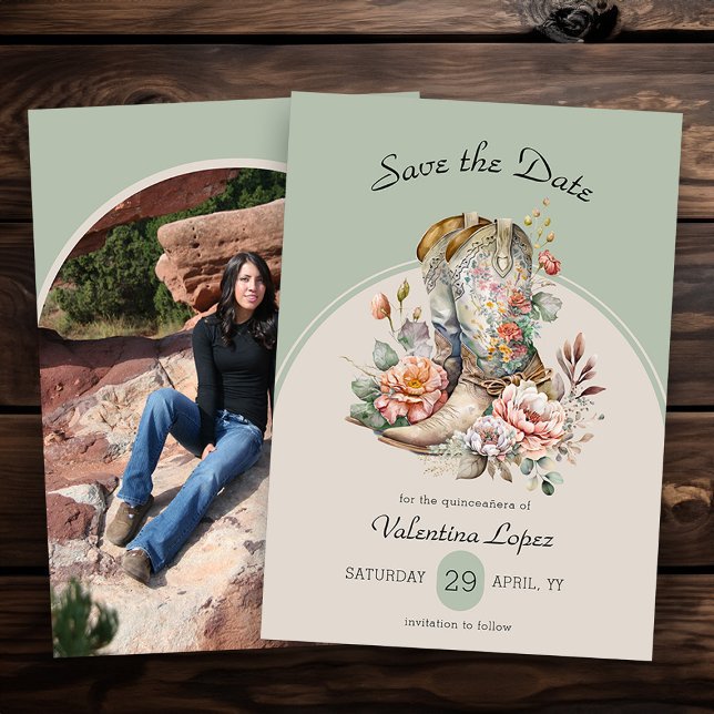 Reserve A Data Botas Rústicas Boho Ocidentais Floral Foto (Photo Save the Date from my Boho Floral Cowgirl Boots Quinceanera Collection)