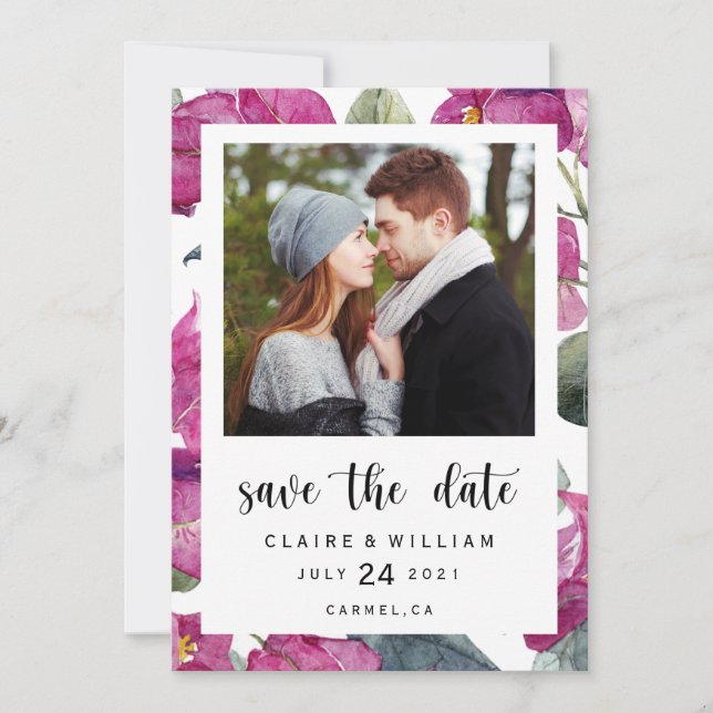 Reserve A Data Bougainvillea Floral Photo Save the Date Card (Frente)