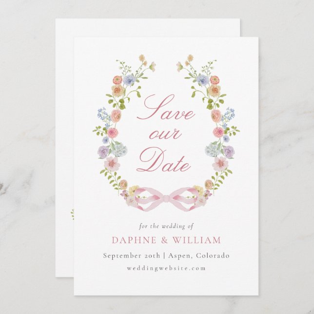 Reserve A Data Bows and Wildflowers Save the Date Card (Frente/Verso)