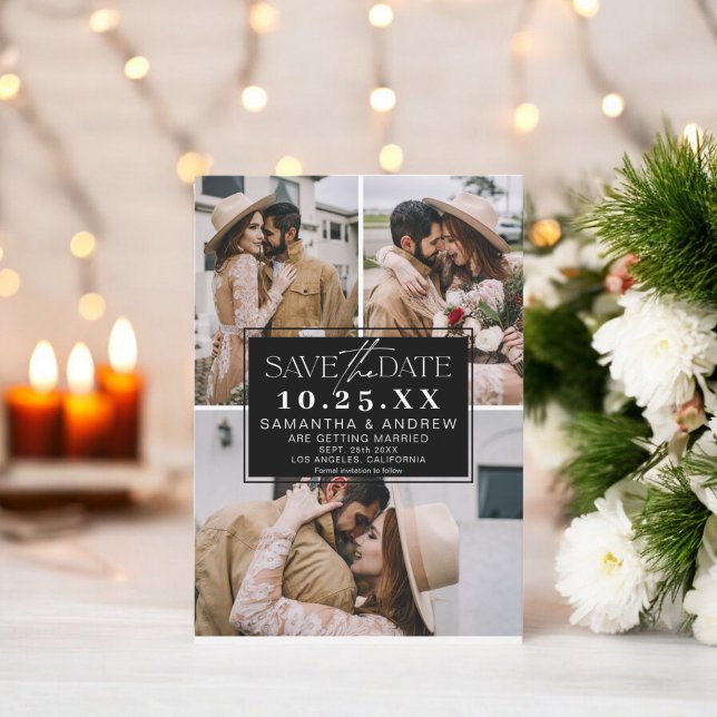 Reserve A Data Branca moderna salve a data 3 fotos com colagem em (Modern white save the date 3 photos grid collage)