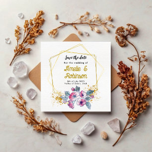 Reserve A Data Branco Elegante e Floral Moderno Único Dourado