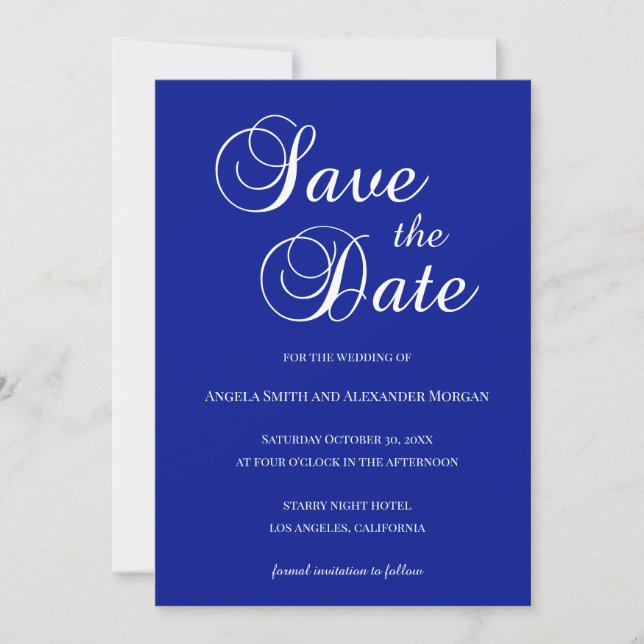 Reserve A Data Branco no Script Decorativo Azul Real (Frente)