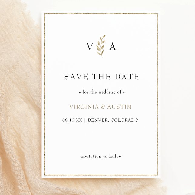 Reserve A Data Branco preto mínimo | Casamento Dourado de folhas (monogram Minimal Black White & Gold Leaf Border Wedding Save The Date
)