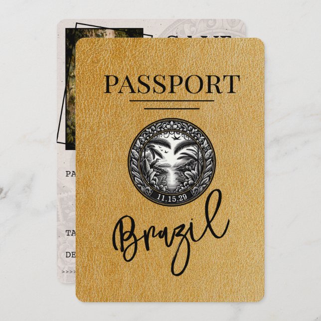 Reserve A Data Brasil Dourado Passaporte Salvar Data (Frente/Verso)