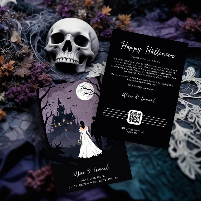 Reserve A Data Bride & Groom Creepy Forest Walking Toward Castle (Halloween Bride and Groom in Creepy Forest Walking Toward Haunted Castle Save the Dates Cards.)
