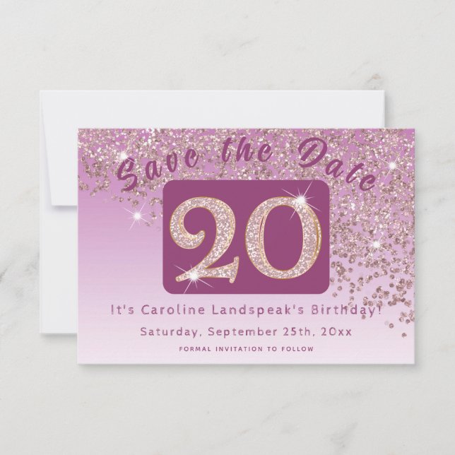 Reserve A Data Brilhante Rosa Dourado para 20 de Aniversário (Frente)