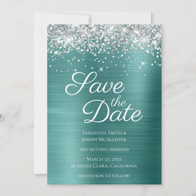 Reserve A Data Brilho Prateado Glitter Água Azul Ombre Foil (Frente)
