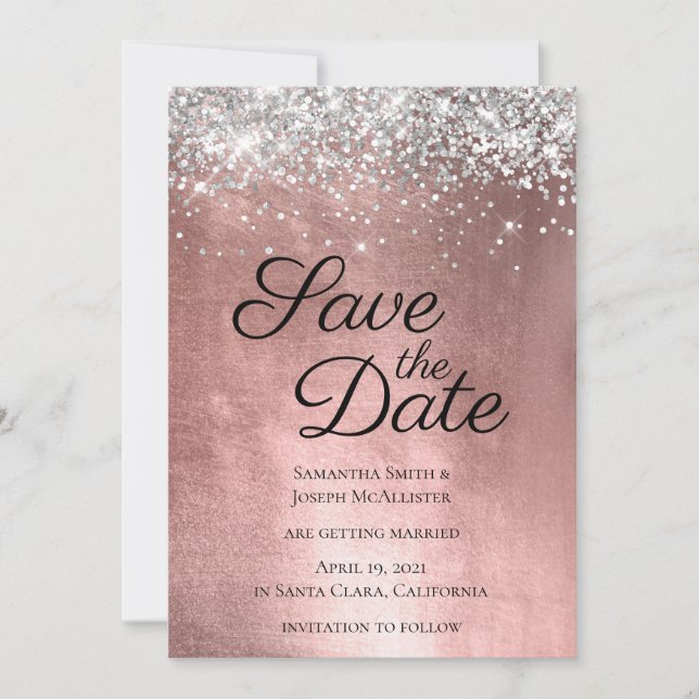 Reserve A Data Brilho Prateado Glitter e Folha de Ouro Rosa Brilh (Frente)