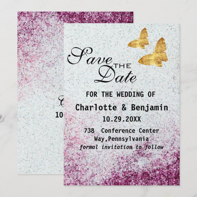 Reserve A Data Brilho Roxo Elegante e borboleta Dourada (Frente/Verso)